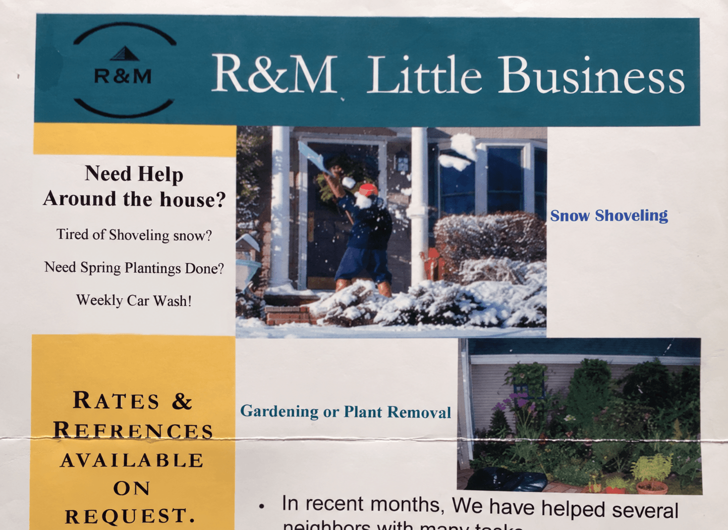 Detail of the R&M Little Business flyer advertising neighborhood help.